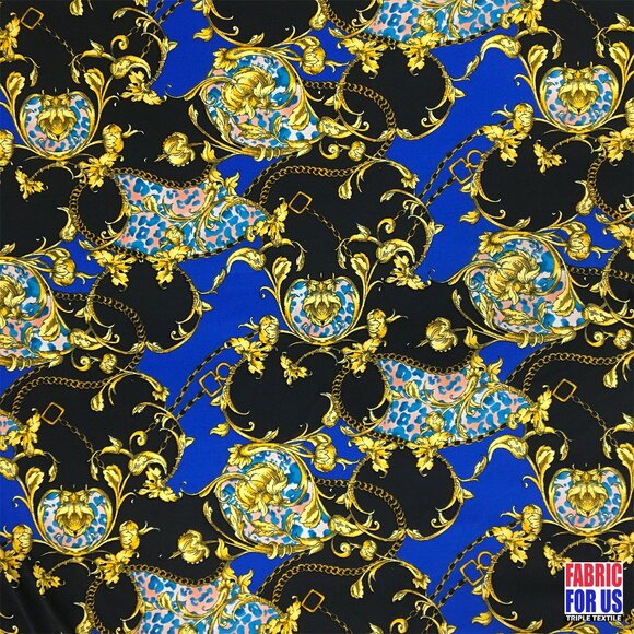 Paisley Floral Renaissance Stretch Poly-Spandex Fabric in Blue and Red 58"/60" W - Picture 2 of 7